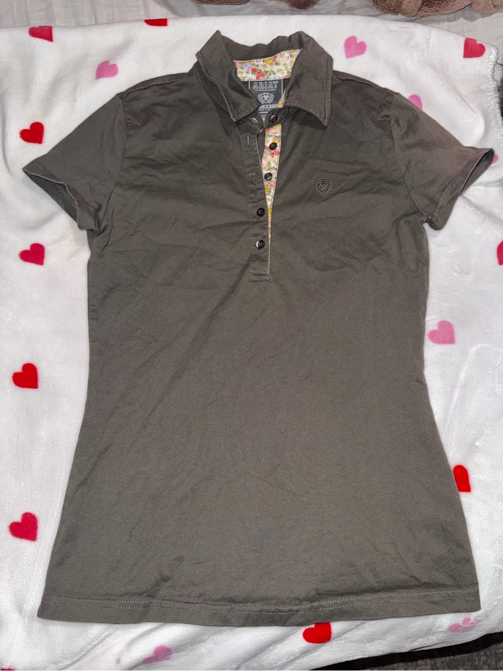 Ariat Olive Short-Sleeve Button-Down Polo with Floral Placket